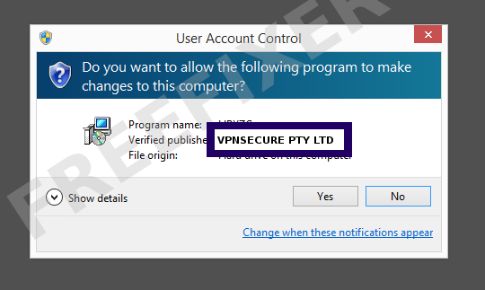 Screenshot where VPNSECURE PTY LTD appears as the verified publisher in the UAC dialog